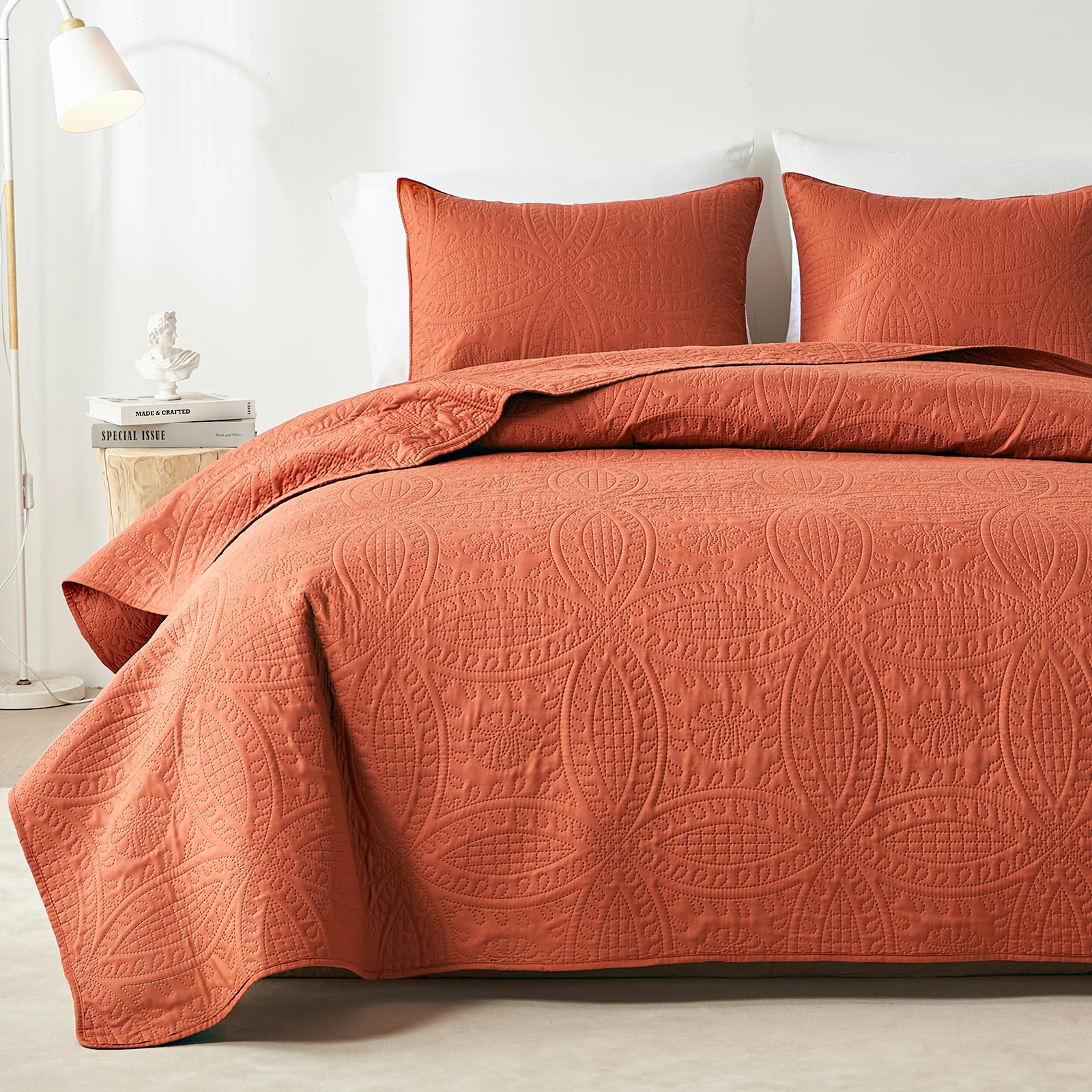 Akkialla Queen Quilt Bedding Set,Burnt Orange Ultrasonic Full/Queen Quilt Set,Lightweight Soft Bedspread Coverlet,Modern Style C